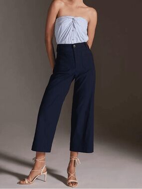 Anthropologie The Colette Crop Wide-Leg Pants by Maeve Navy Blue 31 Tall